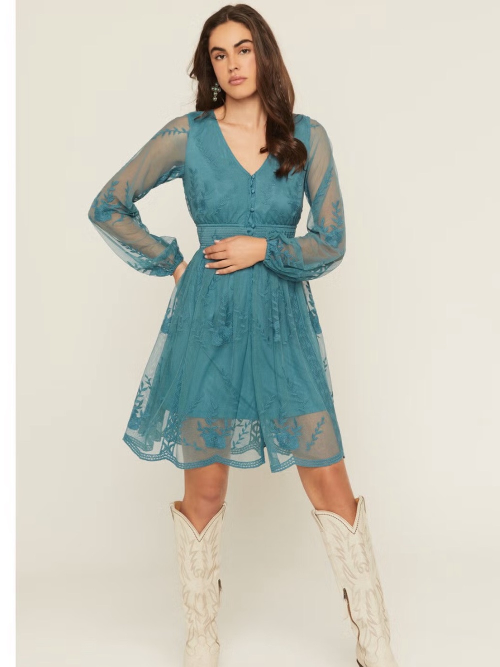SHYANNE WOMEN'S EMBROIDERED MESH LONG SLEEVE BUTTON FRONT DRES